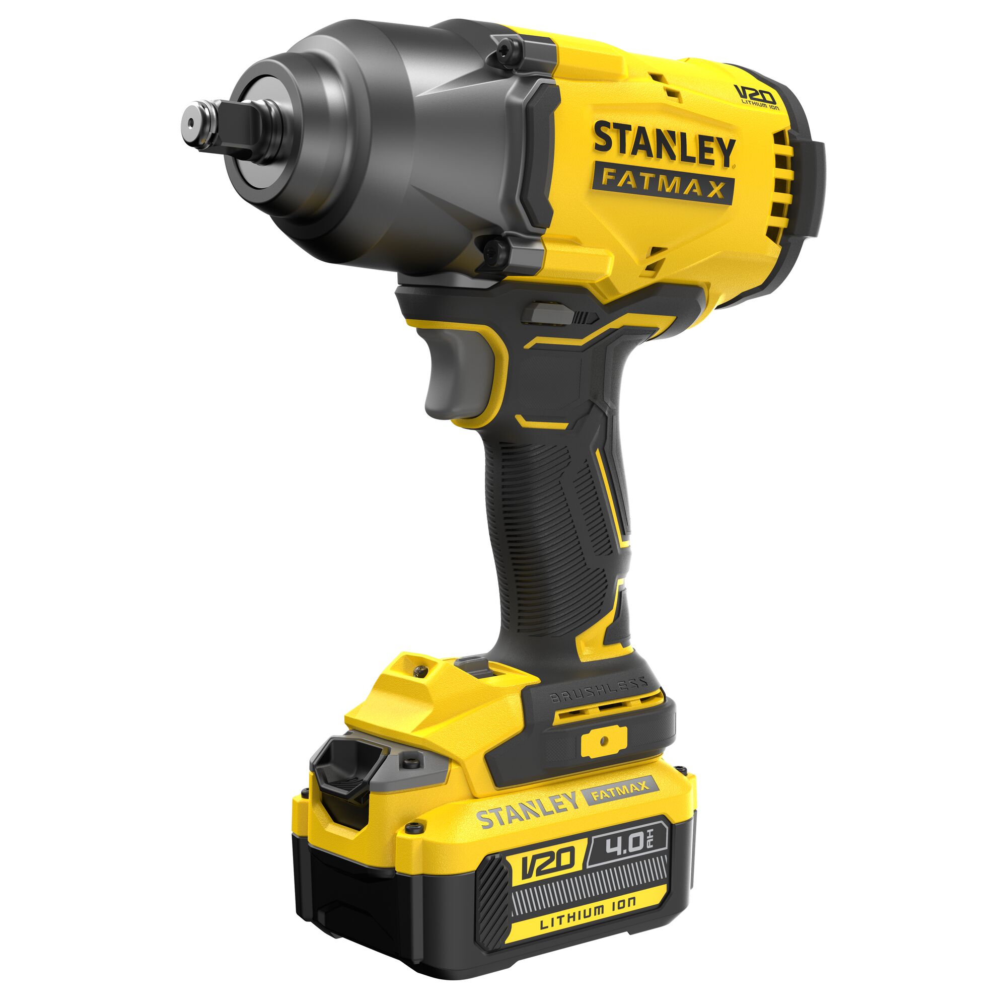STANLEY SFMCF940M1 clé à choc sans fil, jaune et noire, vue latérale sur fond blanc.